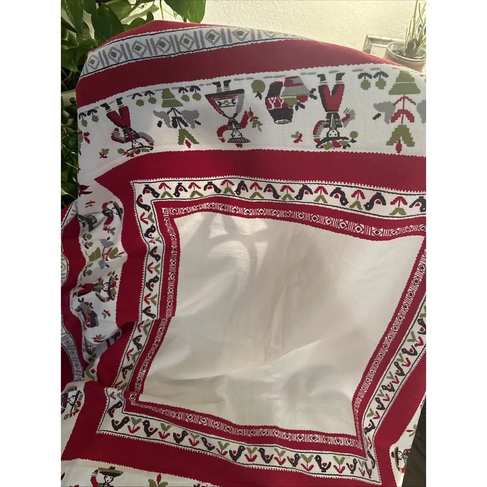 Beautiful  1960's Style Folk Art Red-green Cotton Tablecloth 52x46